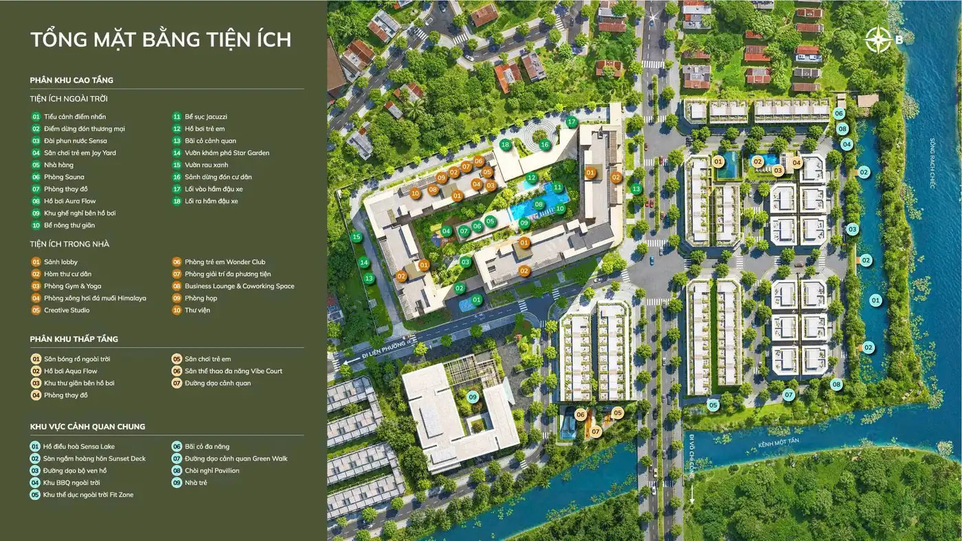 Tổng mặt bằng tiện ích Imperia Sensa Park với hồ điều hoà và cảnh quan ven sông