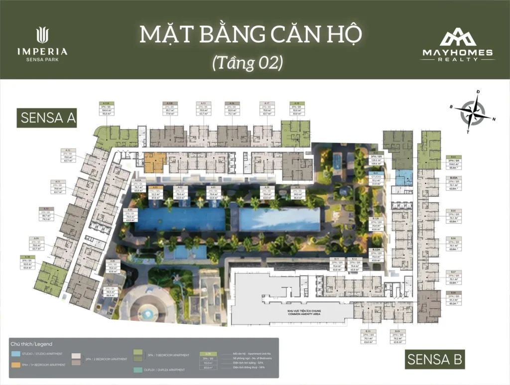 Mặt bằng tầng 02 Imperia Sensa Park với mã căn và diện tích từng căn