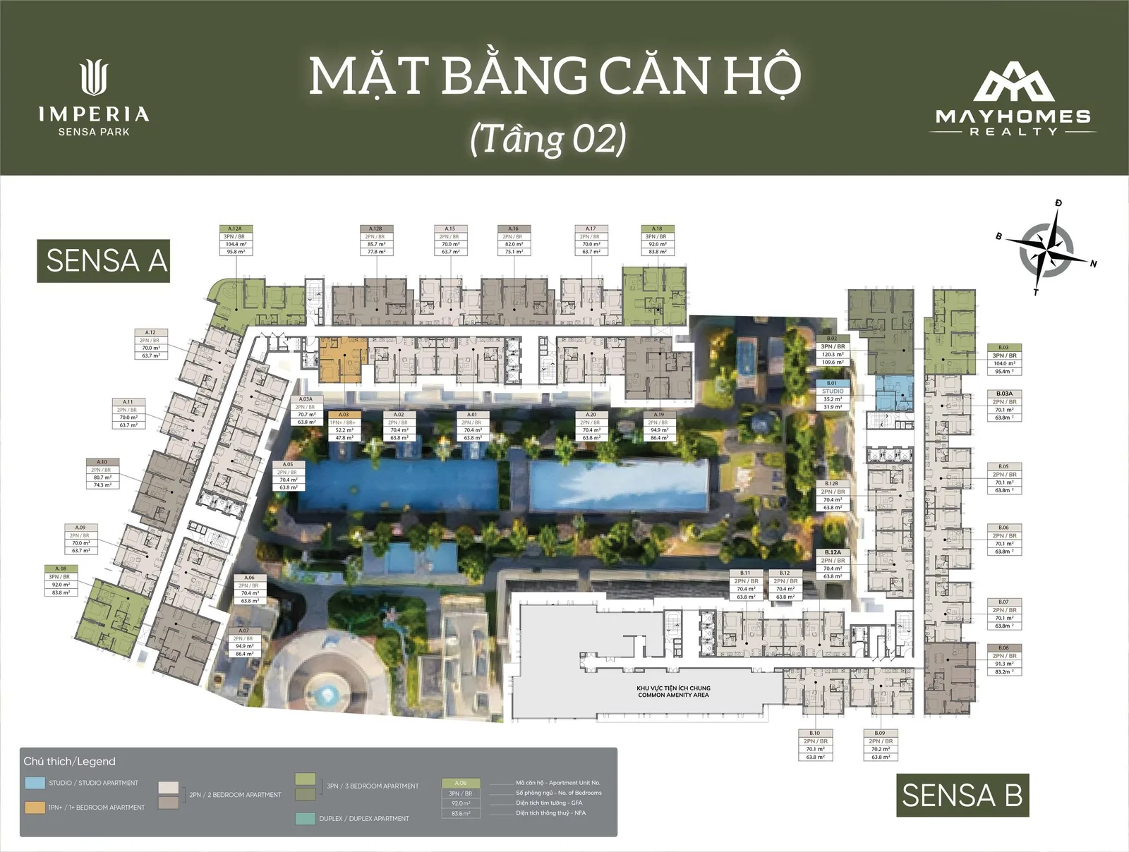 Mặt bằng tầng 02 Imperia Sensa Park với khu vực tiện ích chung ở toà Sensa B