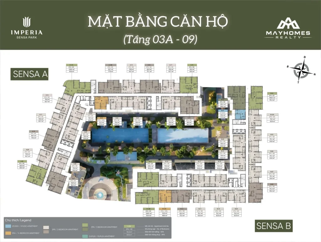 Mặt bằng tầng điển hình 03A đến 09 Imperia Sensa Park với mã căn và diện tích
