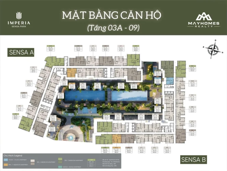 Mặt bằng tầng điển hình 03A đến 09 Imperia Sensa Park với mã căn và diện tích