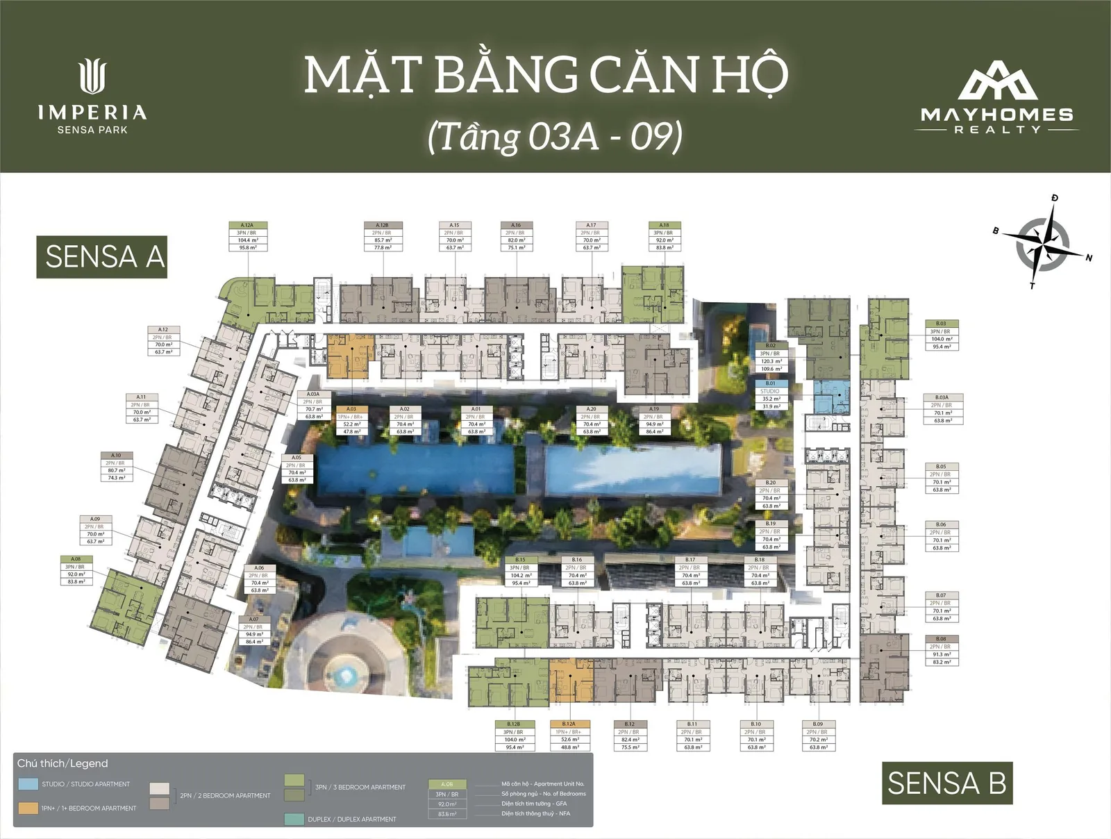 Mặt bằng tầng điển hình 03A đến 09 Imperia Sensa Park với mã căn và diện tích từng căn