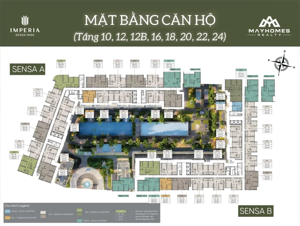 Mặt bằng tầng chẵn 10 đến 24 Imperia Sensa Park, nơi có ba vị trí căn hộ duplex