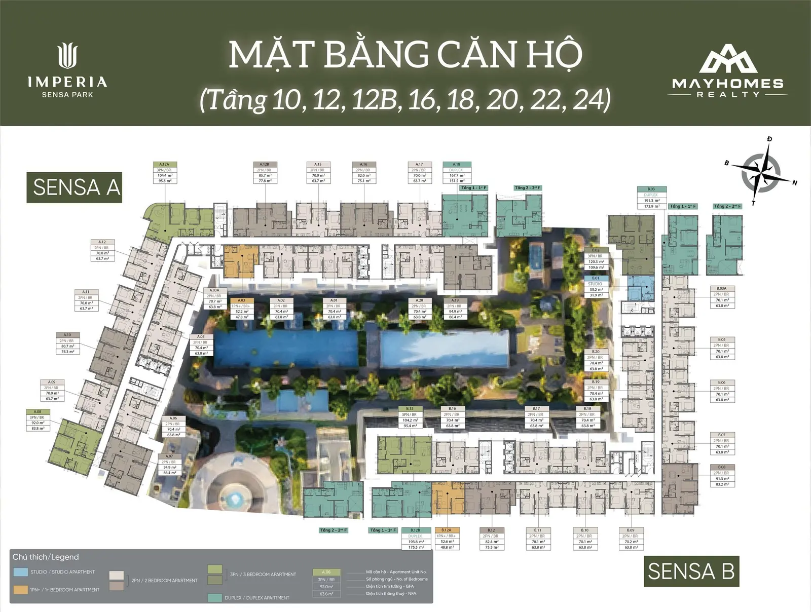 Mặt bằng tầng 10 đến 24 Imperia Sensa Park có căn duplex