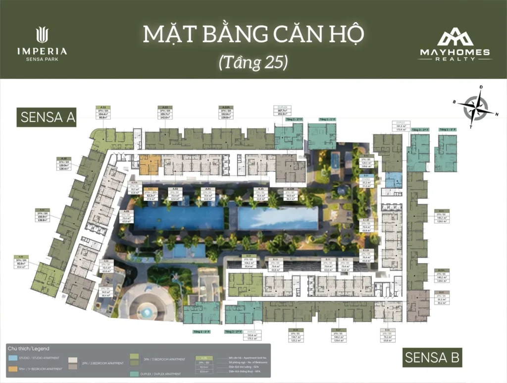 Mặt bằng tầng 25 Imperia Sensa Park với các căn ba phòng ngủ diện tích lớn nhất dự án