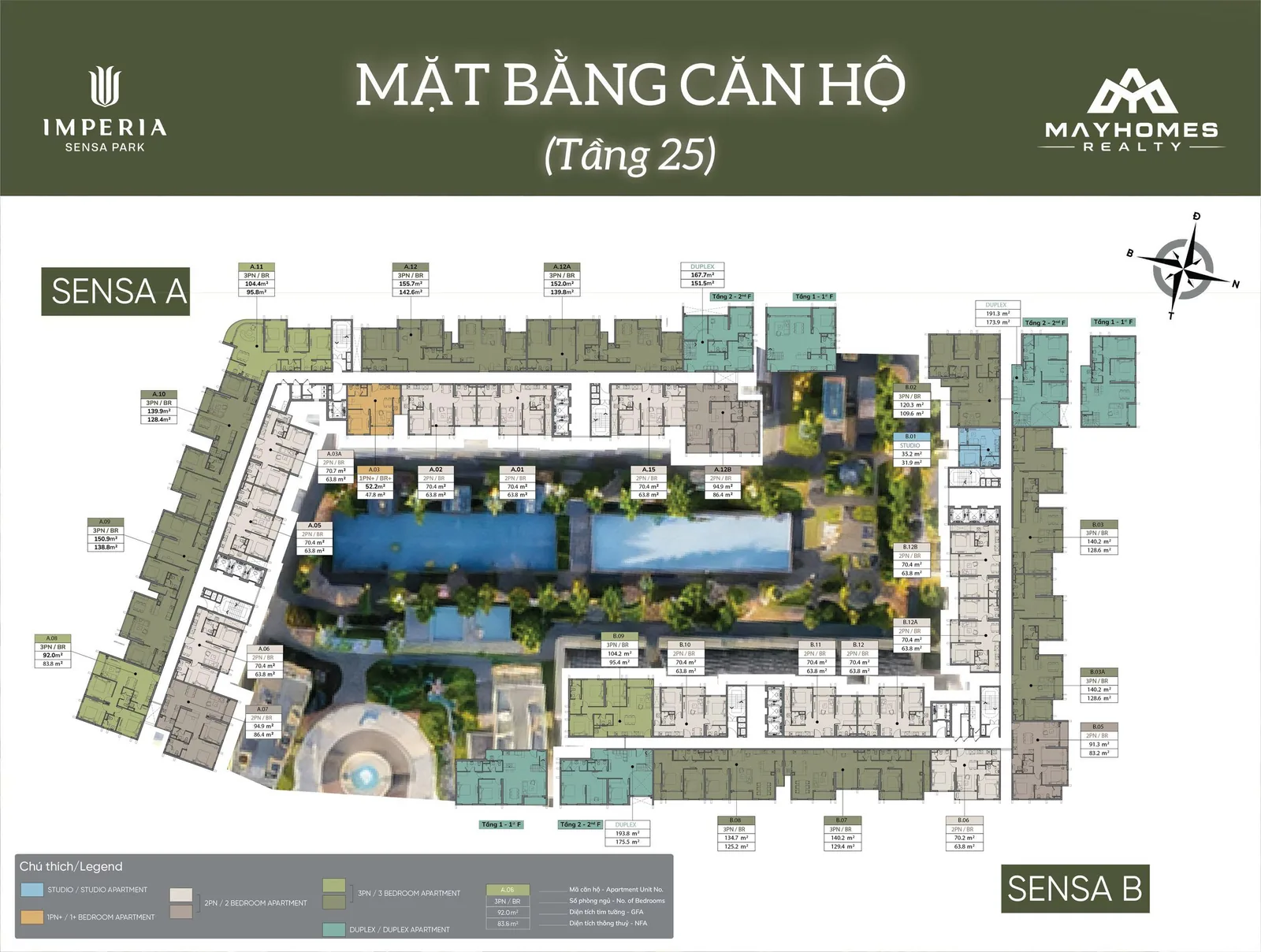 Mặt bằng tầng 25 Imperia Sensa Park với các căn ba phòng ngủ diện tích lớn và tầng trên của duplex