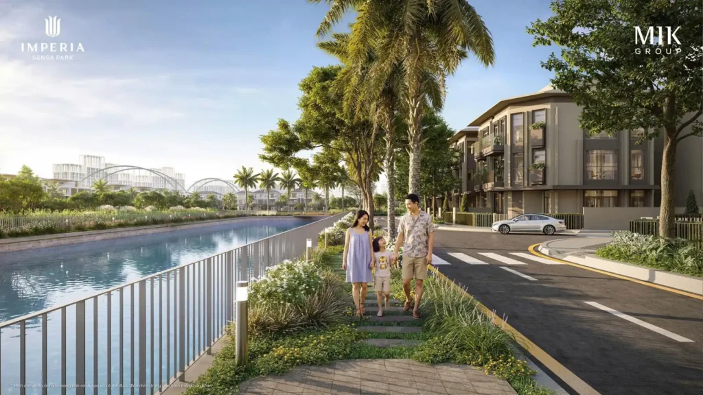Phân khu thấp tầng ven sông của Imperia Sensa Park nằm giữa hai toà căn hộ và sông Rạch Chiếc